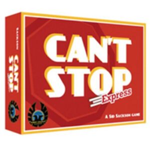 A picture of the board game "Can't Stop Express" in its box, with a bold red and yellow color scheme and the game name written prominently in white letters.