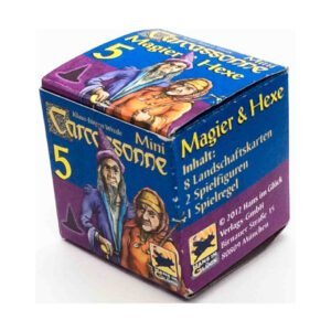 A photo of a Carcassonne Mini Expansion box titled "Magier & Hexe" with illustrations of a wizard and witch, information about the contents, and the publisher's details.