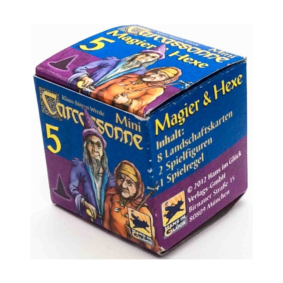 A photo of a Carcassonne Mini Expansion box titled "Magier & Hexe" with illustrations of a wizard and witch, information about the contents, and the publisher's details.