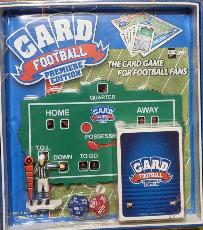 Sealed "Card Football Premiere Edition" game package with a miniature football field scoreboard, referee figure, dice, and playing cards visible through the packaging.