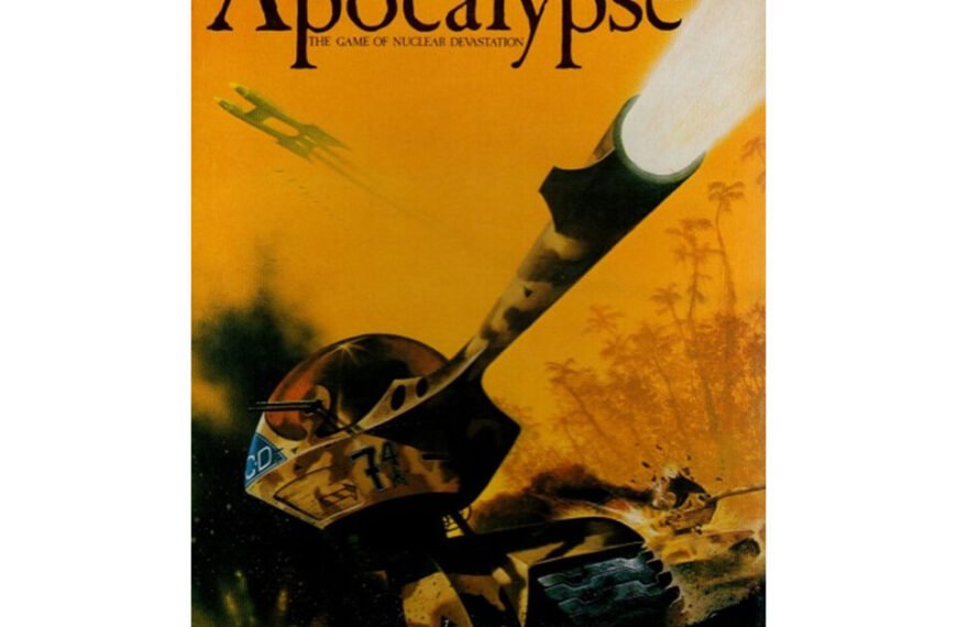 "Cover of the 'Apocalypse: The Game of Nuclear Devastation' board game, featuring a stylized image of a shattered missile helmet falling towards a fiery explosion under a yellow-orange sky."