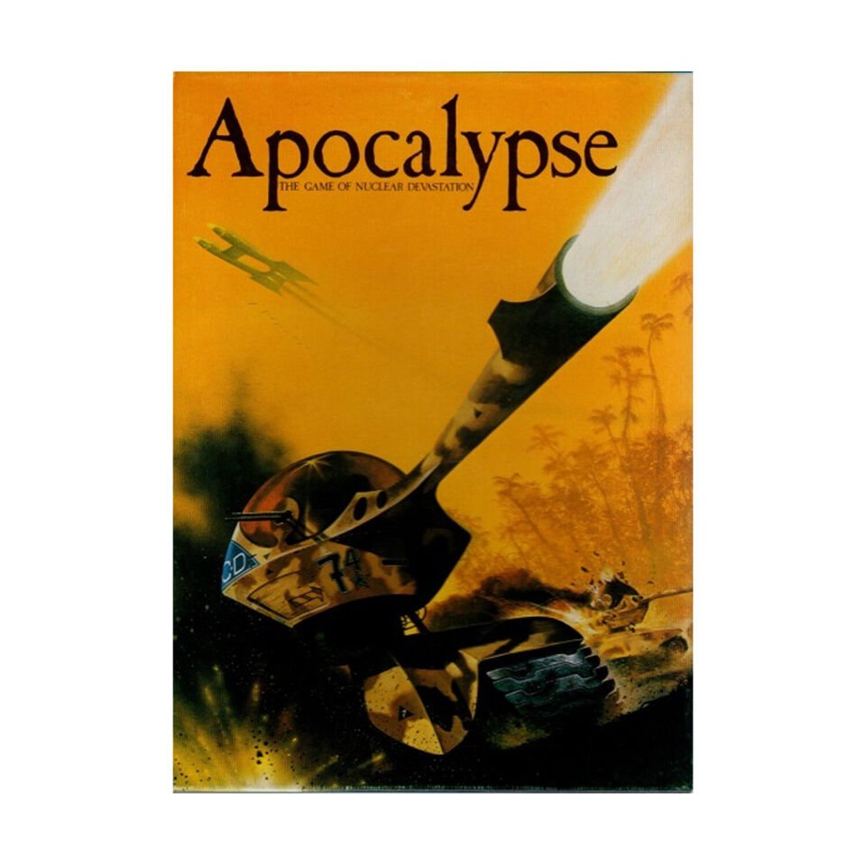 "Cover of the 'Apocalypse: The Game of Nuclear Devastation' board game, featuring a stylized image of a shattered missile helmet falling towards a fiery explosion under a yellow-orange sky."