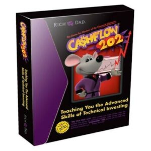 A box of the "CASHFLOW 202" board game by Rich Dad featuring a cartoon mouse pointing at a rising chart, with text saying "Teaching You the Advanced Skills of Technical Investing".
