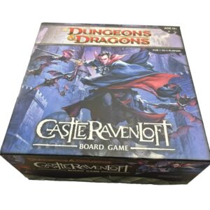A boxed "Dungeons & Dragons: Castle Ravenloft Board Game" for ages 12 and up, for 1 to 5 players, with artwork featuring a vampire and bats on the cover.