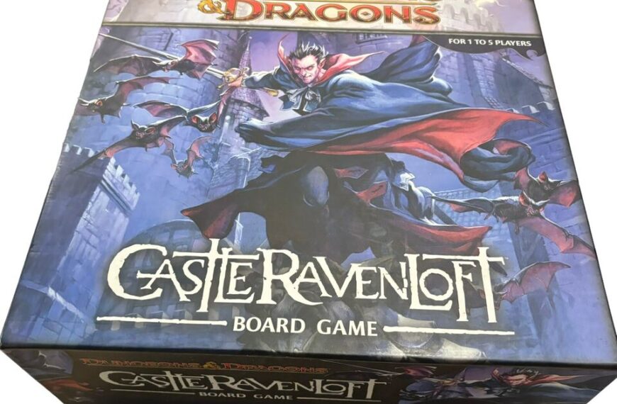 A boxed "Dungeons & Dragons: Castle Ravenloft Board Game" for ages 12 and up, for 1 to 5 players, with artwork featuring a vampire and bats on the cover.