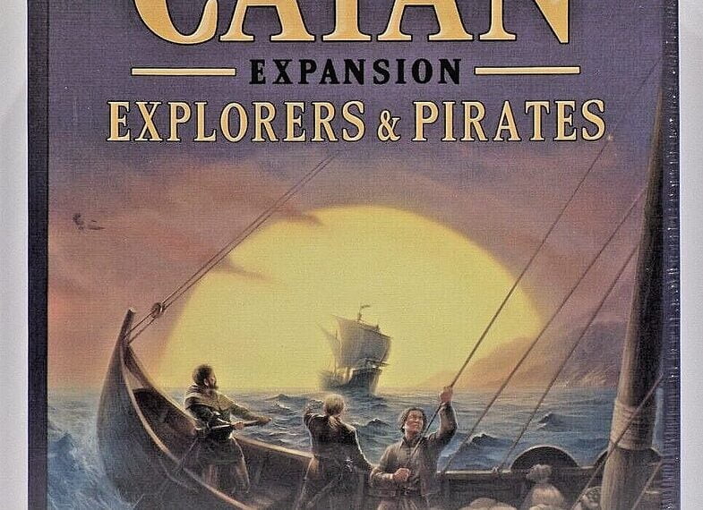 Board game "Catan Expansion: Explorers & Pirates" box cover featuring an illustration of seafaring adventurers in a rowboat with sailing ships in the background.