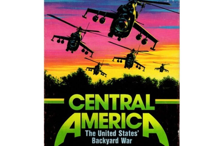 Alt text: A graphic cover for "CENTRAL AMERICA The United States' Backyard War" by Victory Games, featuring multiple helicopters in flight against a colorful sunset sky.