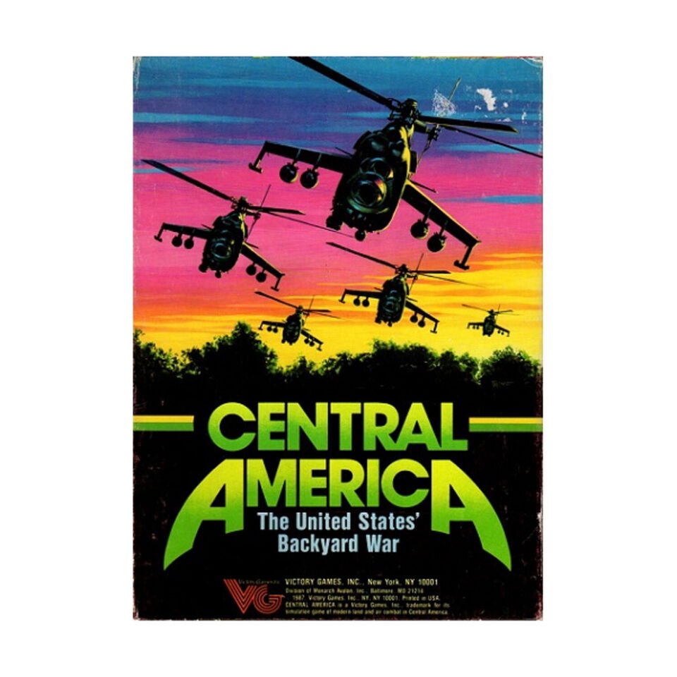 Alt text: A graphic cover for "CENTRAL AMERICA The United States' Backyard War" by Victory Games, featuring multiple helicopters in flight against a colorful sunset sky.