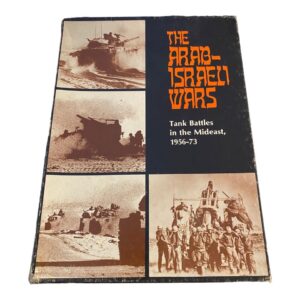 A worn book cover of "THE ARAB-ISRAELI WARS, Tank Battles in the Mideast, 1956-73" with sepia-toned images of tanks and soldiers.