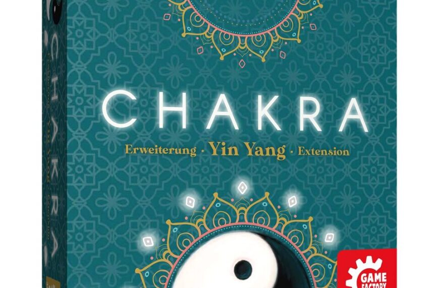 An image of the game "CHAKRA Erweiterung Yin Yang Extension" box cover featuring a teal background with a yin-yang symbol and decorative patterns, designed by Luka Krleza for ages 8 and above, with the Game Factory logo in the bottom right corner.