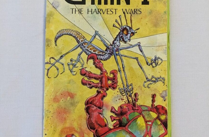 Comic book cover of "Chitin: I The Harvest Wars" priced at $2.95, featuring a stylized illustration of a skeletal insectoid creature over an abstract, colorful background, artwork by Jaquays.