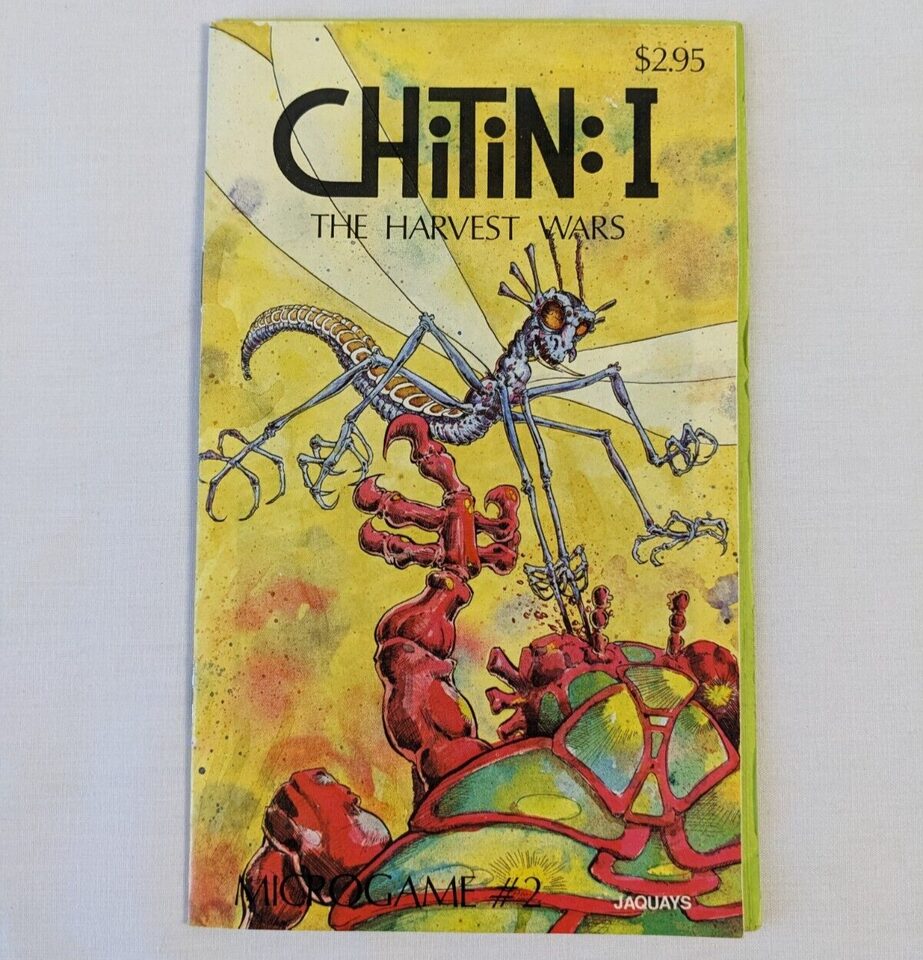 Comic book cover of "Chitin: I The Harvest Wars" priced at $2.95, featuring a stylized illustration of a skeletal insectoid creature over an abstract, colorful background, artwork by Jaquays.