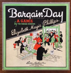 Vintage board game cover titled "Bargain Day" by Elizabeth Magie Phillips, depicting a bustling sale scene with shoppers and discount price tags in an early-to-mid 20th-century style illustration. The game is produced by Parker Brothers Inc., with locations in New York, Chicago, and London mentioned on the bottom.