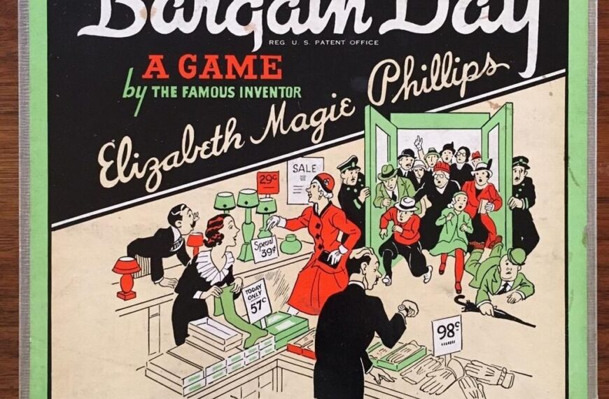 Vintage board game cover titled "Bargain Day" by Elizabeth Magie Phillips, depicting a bustling sale scene with shoppers and discount price tags in an early-to-mid 20th-century style illustration. The game is produced by Parker Brothers Inc., with locations in New York, Chicago, and London mentioned on the bottom.