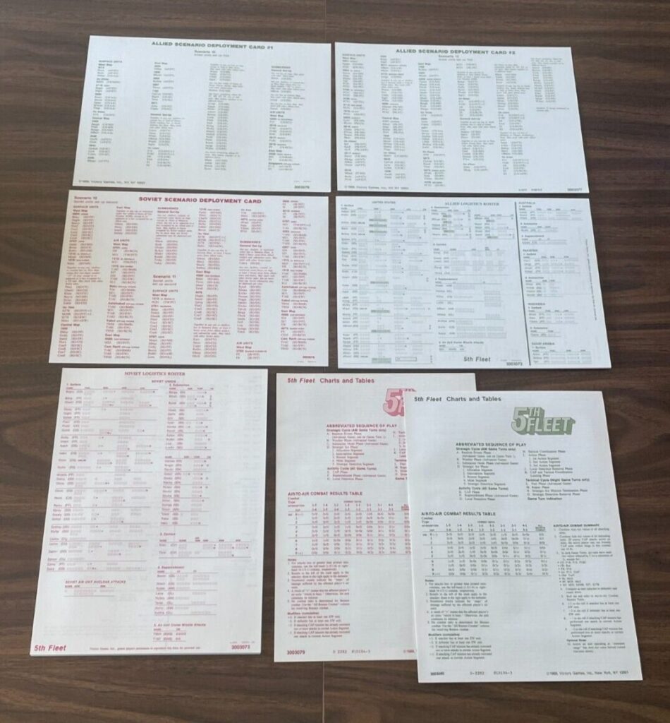 Eight sheets of paper laid out on a wooden surface, each containing various lists and tables associated with a naval strategy game titled "5th Fleet." The sheets include deployment cards, logistics rosters, charts, and tables for different scenarios and armies within the game.