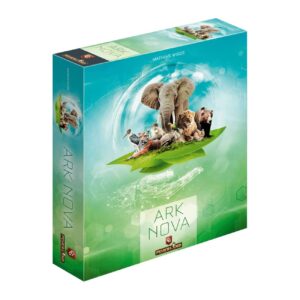 Box cover of the board game "Ark Nova" featuring an elephant, lion, bear, tiger, and other animals on a green leaf against a blue and green background.