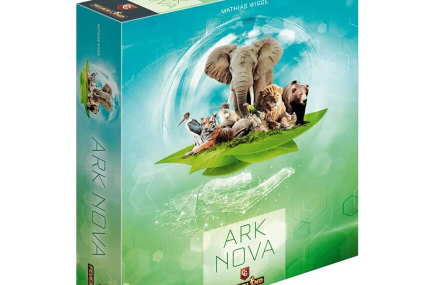 Box cover of the board game "Ark Nova" featuring an elephant, lion, bear, tiger, and other animals on a green leaf against a blue and green background.