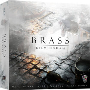 Board game box cover for "Brass: Birmingham" featuring cobblestone streets, a bucket, and a bottle.