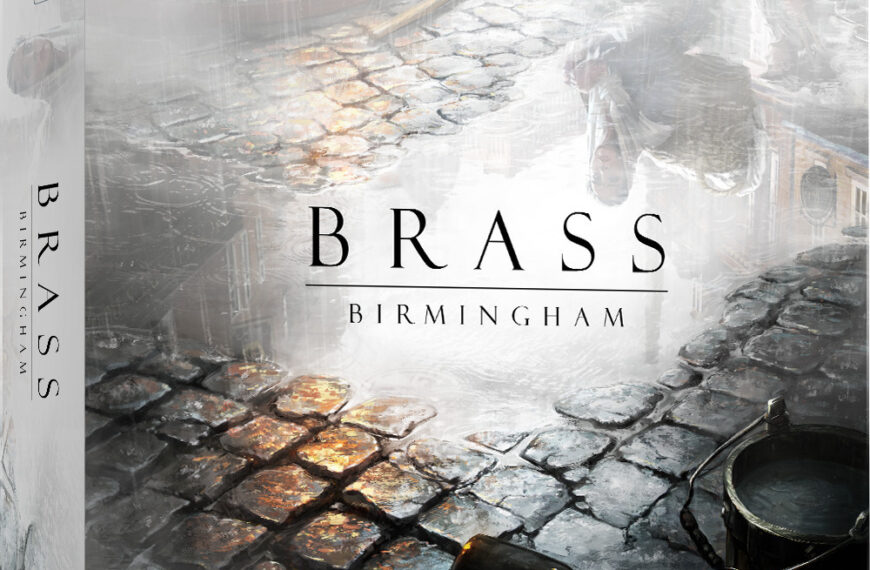 Board game box cover for "Brass: Birmingham" featuring cobblestone streets, a bucket, and a bottle.