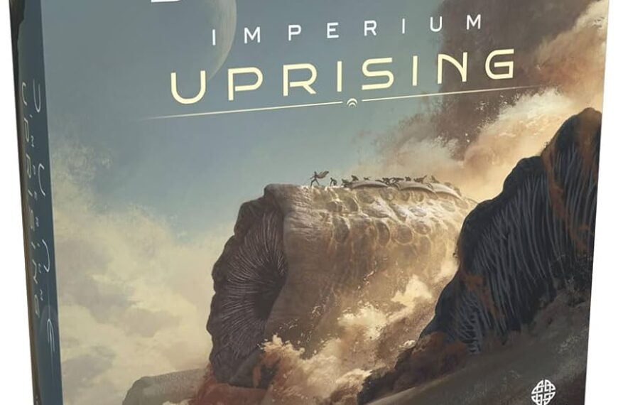 "Dune: Imperium Uprising" board game box with a large sandworm emerging from the sand and two moons in the sky.