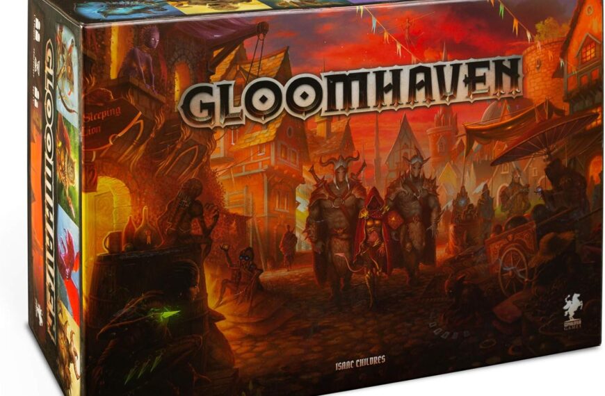 "Gloomhaven" board game box featuring fantasy artwork with armored characters and a vibrant town scene.