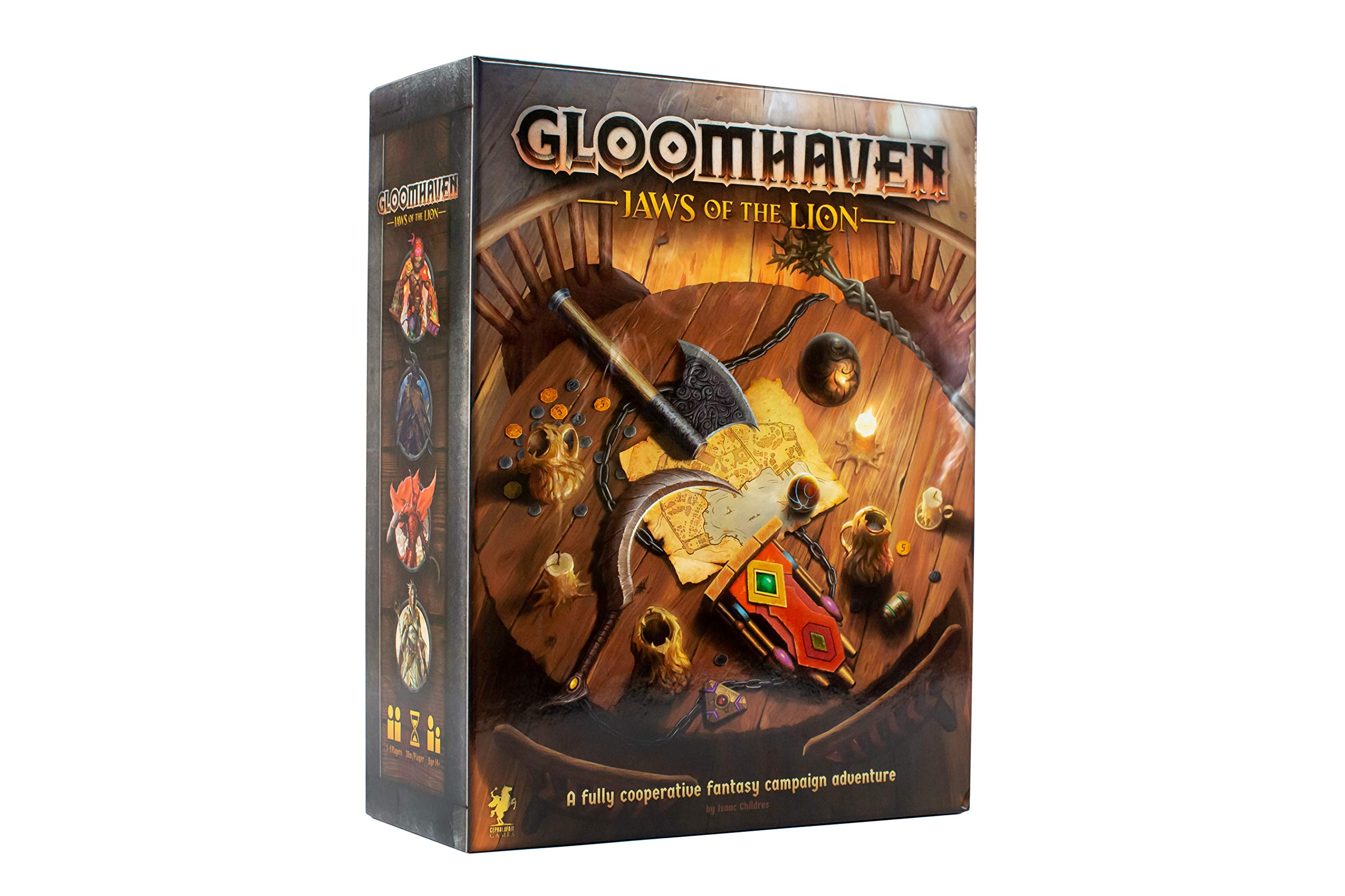Gloomhaven: Jaws of the Lion board game box, featuring fantasy artwork of weapons, a map, and various objects on a wooden table.