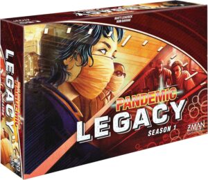 Box cover of the board game "Pandemic Legacy: Season 1" showing stylized illustrations of people wearing masks and protective gear.