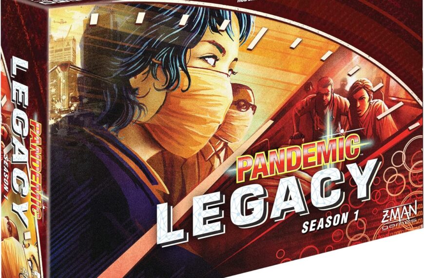 Box cover of the board game "Pandemic Legacy: Season 1" showing stylized illustrations of people wearing masks and protective gear.