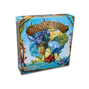 Spirit Island board game box, featuring vibrant artwork with mystical spirits, an island landscape, and a sailing ship.