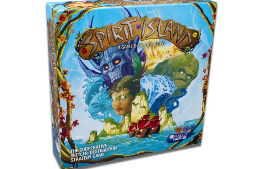 Spirit Island board game box, featuring vibrant artwork with mystical spirits, an island landscape, and a sailing ship.