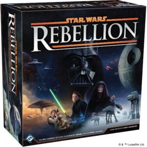 Star Wars Rebellion board game box showing various Star Wars characters, the Death Star, and space battle scenes.