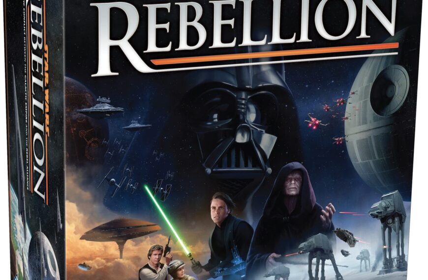 Star Wars Rebellion board game box showing various Star Wars characters, the Death Star, and space battle scenes.