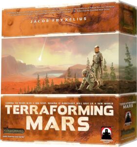 Box cover of the board game "Terraforming Mars" featuring two astronauts in a Martian landscape with newly planted trees, the sun shining and distant mountains.