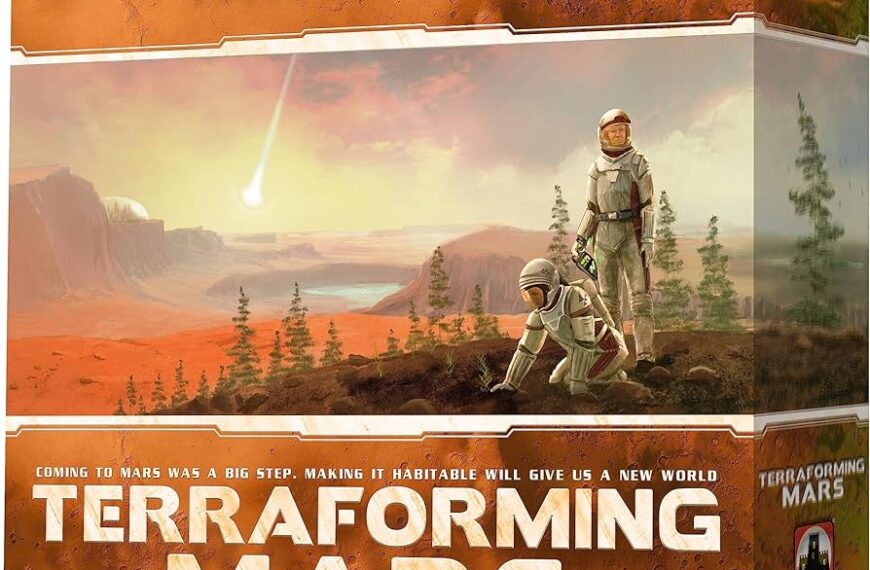 Box cover of the board game "Terraforming Mars" featuring two astronauts in a Martian landscape with newly planted trees, the sun shining and distant mountains.