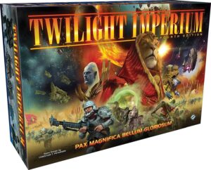 Box cover of the board game "Twilight Imperium: Fourth Edition" featuring various sci-fi characters and spaceships with the text "Pax Magnifica Bellum Gloriosum" at the bottom.