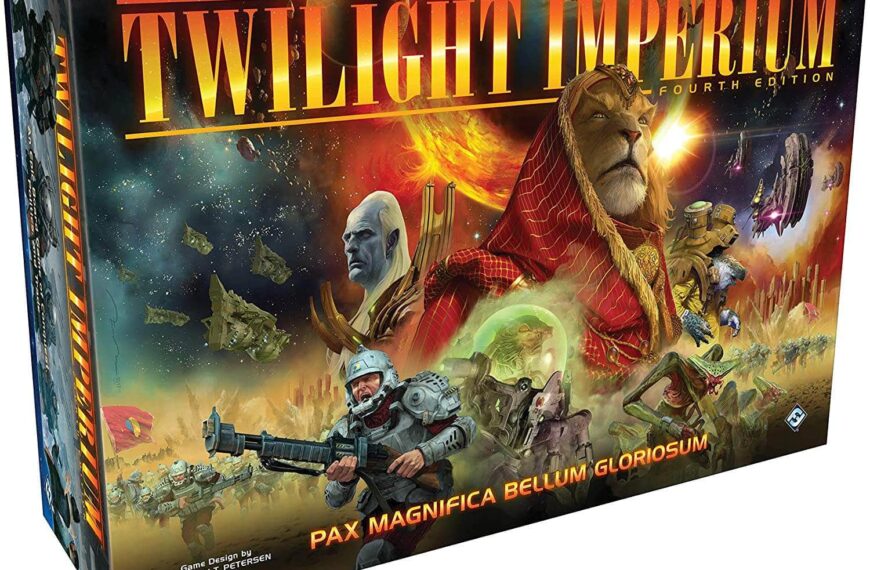 Box cover of the board game "Twilight Imperium: Fourth Edition" featuring various sci-fi characters and spaceships with the text "Pax Magnifica Bellum Gloriosum" at the bottom.