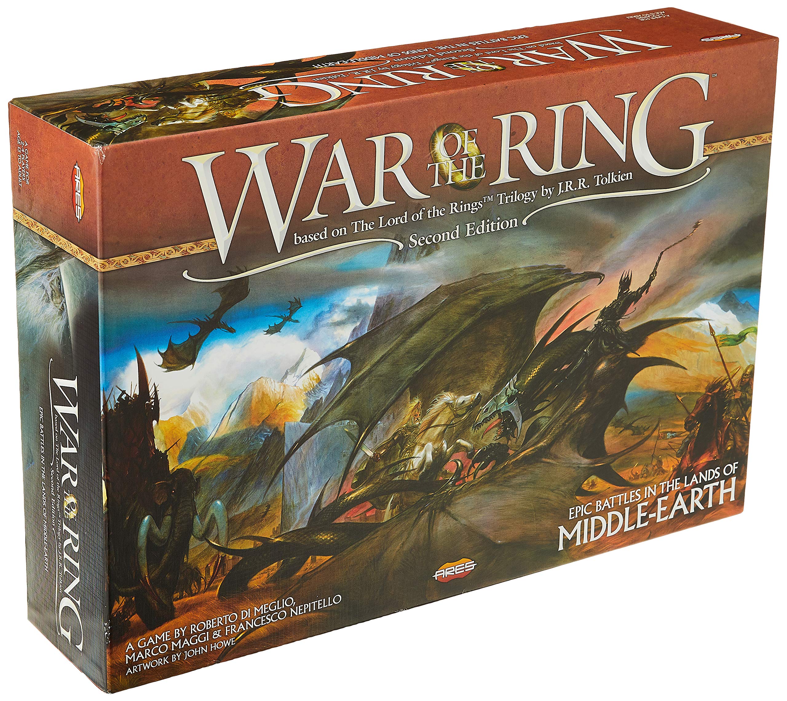 War of the Ring board game box showing cover art depicting a dragon, mountains, and soldiers.