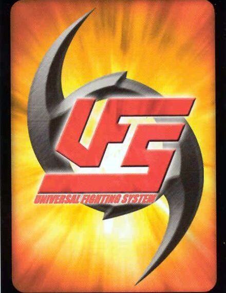 Playing card from the Universal Fighting System featuring a stylized "UFS" logo with a crescent moon and fiery background.