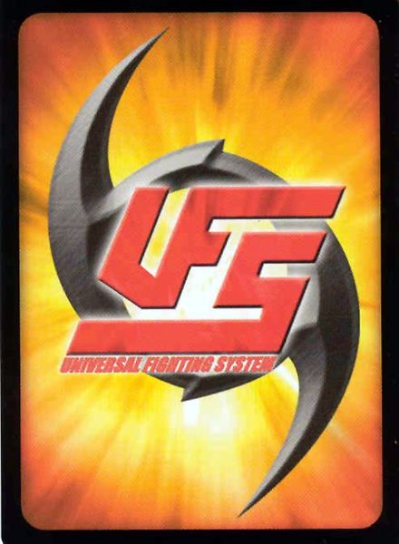 Playing card from the Universal Fighting System featuring a stylized "UFS" logo with a crescent moon and fiery background.