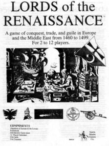 Vintage advertisement for the board game "Lords of the Renaissance," featuring an illustrated scene of people in Renaissance attire, game components list, and product details.