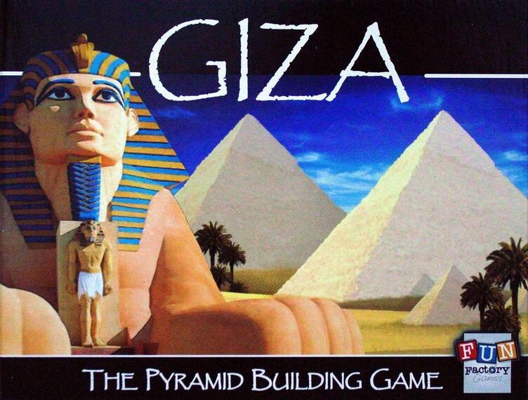 Board game box for "Giza: The Pyramid Building Game" by Fun Factory Games featuring a Sphinx and pyramids背景.