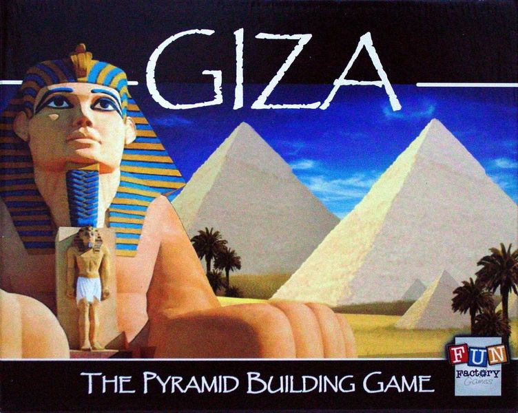 Board game box for "Giza: The Pyramid Building Game" by Fun Factory Games featuring a Sphinx and pyramids背景.