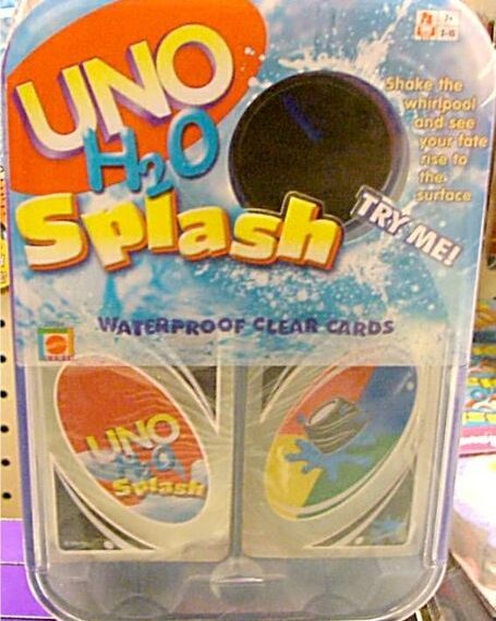 Packaging of UNO H2O Splash card game featuring waterproof clear cards, displayed in clear plastic with colorful card samples visible.