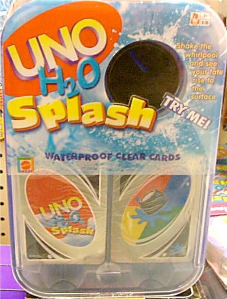Packaging of UNO H2O Splash card game featuring waterproof clear cards, displayed in clear plastic with colorful card samples visible.