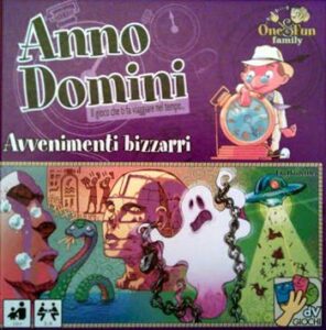 Box cover for the board game "Anno Domini: Avvenimenti bizzarri" featuring a collage of quirky and colorful cartoonish illustrations including a ghost, a UFO, and abstract faces.