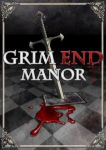 Book cover for "Grim End Manor" featuring a sword thrust into a book on a checkered floor, with a pool of blood around it, all within an ornate frame.