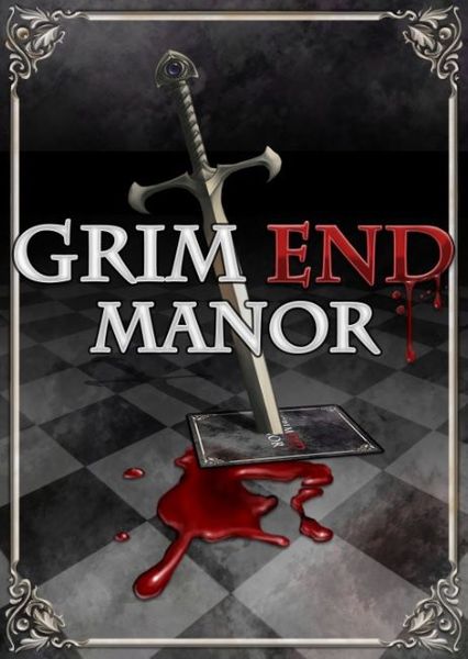 Book cover for "Grim End Manor" featuring a sword thrust into a book on a checkered floor, with a pool of blood around it, all within an ornate frame.