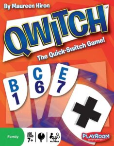 Game box cover for "Qwitch: The Quick-Switch Game," featuring game title in large yellow and blue letters and images of cards with letters and numbers.