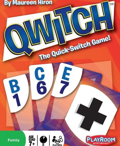 Game box cover for "Qwitch: The Quick-Switch Game," featuring game title in large yellow and blue letters and images of cards with letters and numbers.