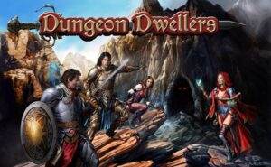 Four fantasy characters, including a knight with a shield, two bow-wielding warriors, and a mage, stand near a dark cave entrance in a mountainous landscape, under a logo reading "Dungeon Dwellers."